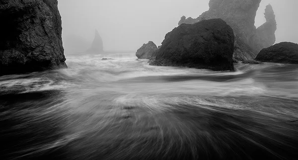 Foggy photo of Bandon Beach on the Oregon coast.