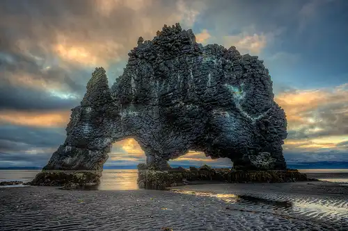 Sunrise photo of Hvitserkur rock in North Iceland.