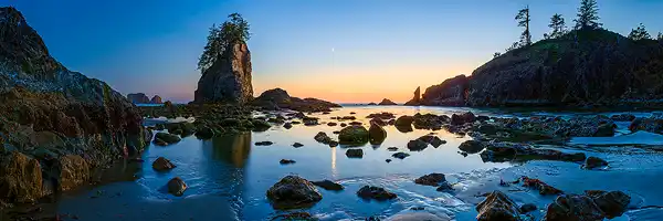 Sunset panorama of Second Beach in Olympic National Park.