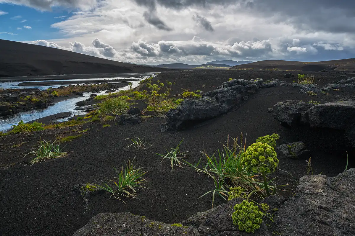The foreground is mostly black sand piled around several large volcanic rocks. A sparse scattering of short, green vegetation is growing in the foreground sand. A shallow, wide river with many sand bars exits the middle left side of the frame. This river takes the eye back toward the middle of the frame where it pinches to a distant point and brings the eye up to far away mountains. Above the mountains is the classic, stormy looking Icelandic sky with patches of blue.