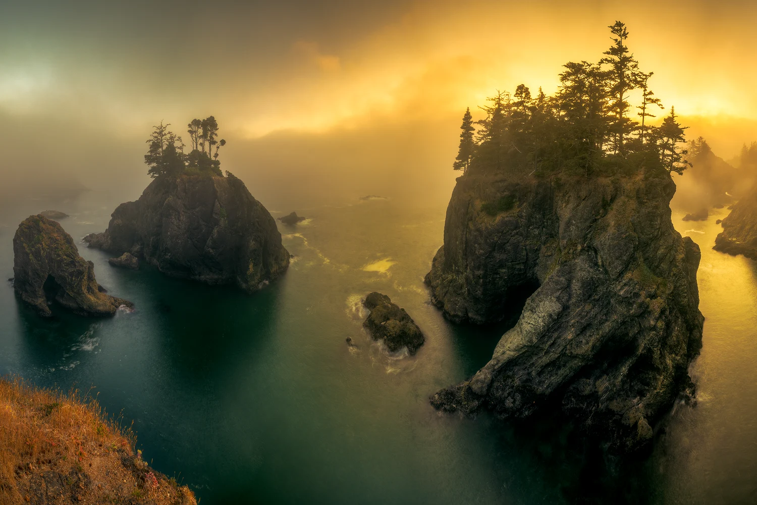 Oregon coast sea stacks in the Samuel H. Boardman state scenic corridor with fog at sunset.