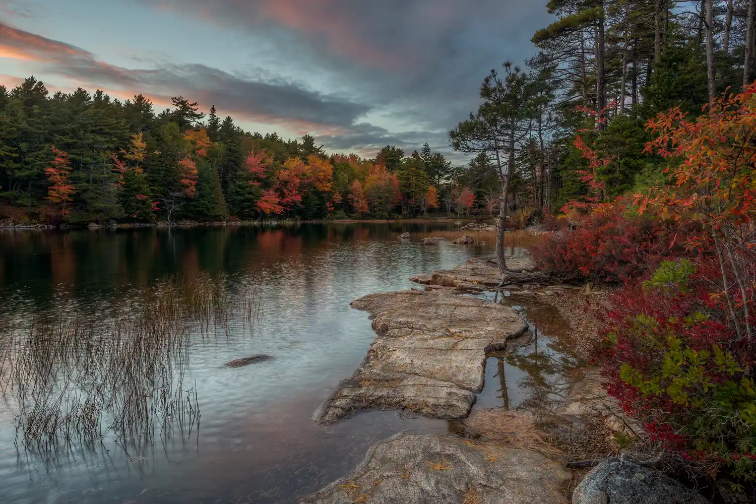 Sunset at Eagle Lake in Acadia National Park during autumn.