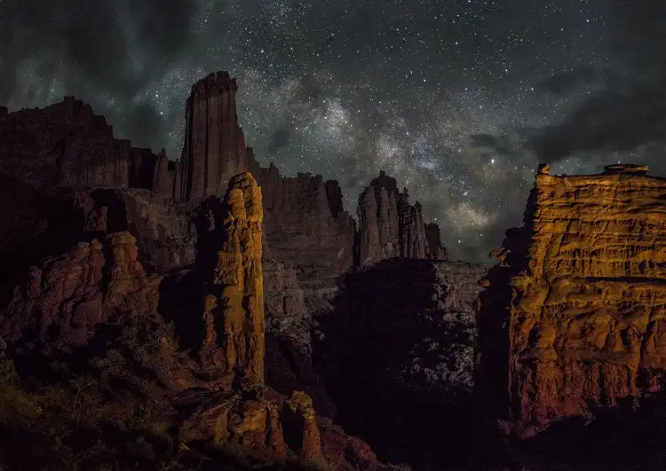 Fisher Towers at night with Milky Way, Moab, Utah.