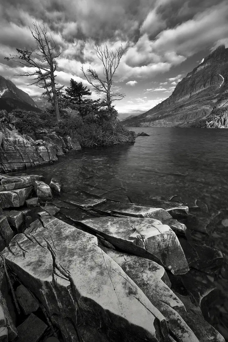 Black and white photo of St. Mary Lake, Glacier National Park