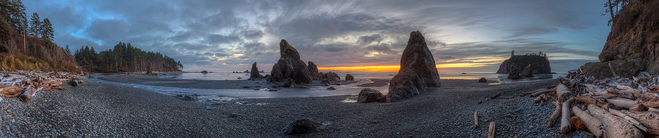 Olympic National Park Photography Workshop: Panoramic sunset view of Second Beach with sea stacks, rocky shoreline, and dramatic clouds. Join our July workshop to photograph these iconic coastal landscapes.