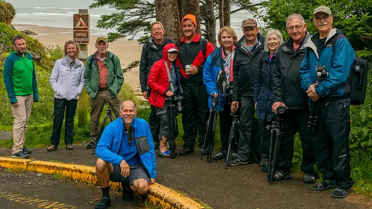 Group photo of photography workshop participants on the Oregon Coast.