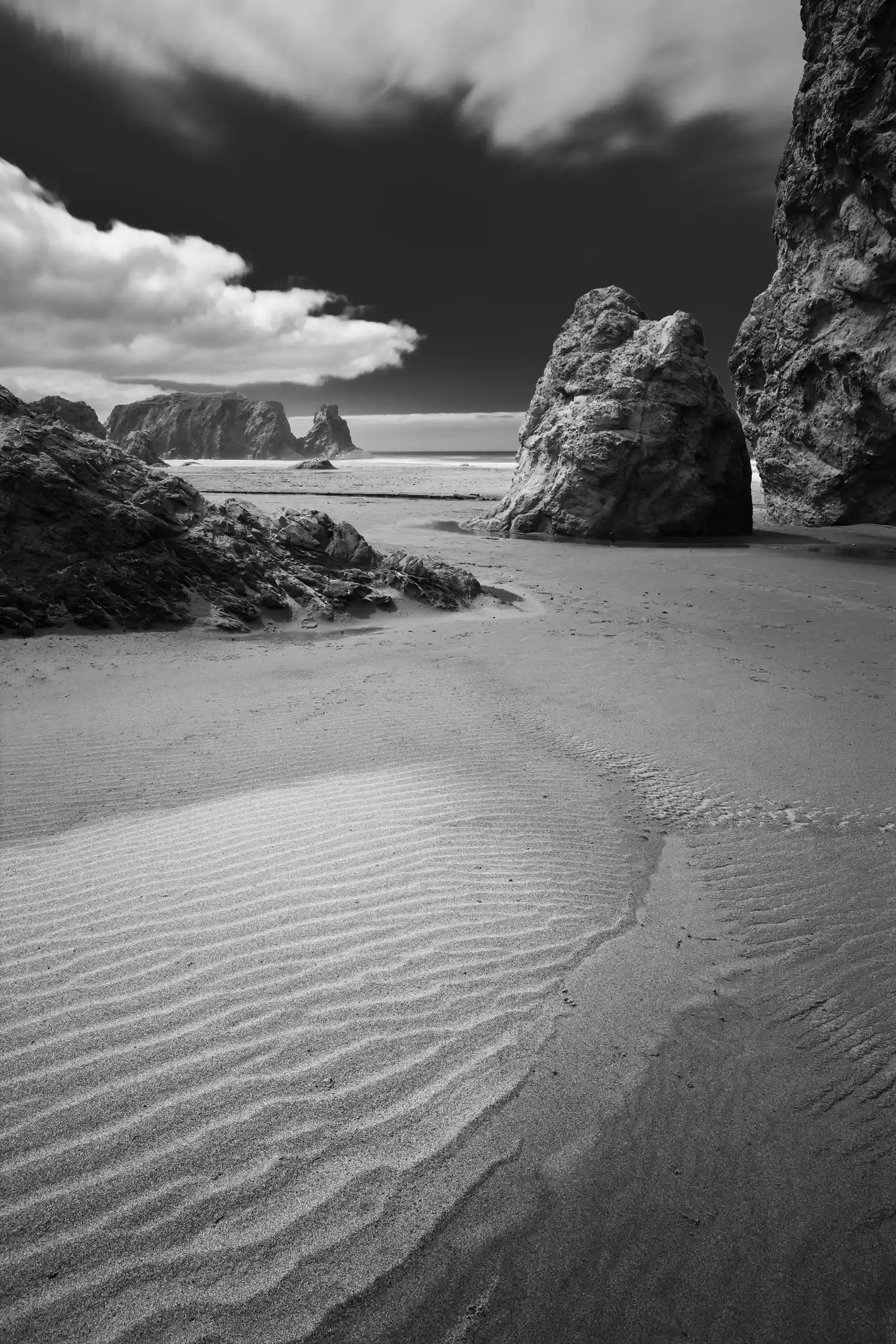 Black and white image of sea stacks at Bandon Beach, Oregon.