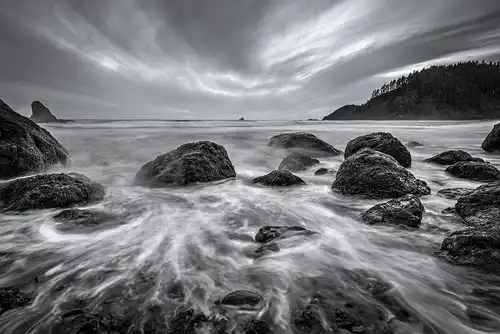 Black and white shoreline, Oregon Coast. Rocks, foam streaks, and cliffs. Photo by Harriet Feagin.
