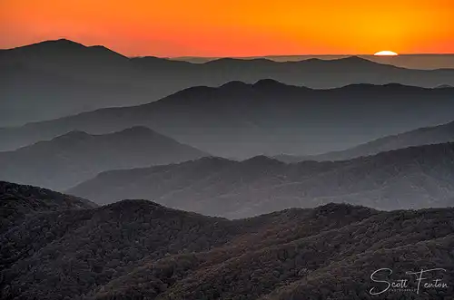 Layered mountains at sunset, Great Smoky Mountains. Long lens photo by Scott Fenton.