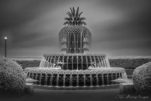 Black and white long exposure of Pineapple Fountain, Charleston. Overcast morning. Photo by Chris Barry.