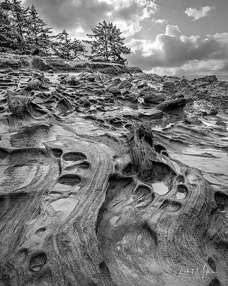 Black and white photo of striated rock shelf with potholes, Oregon Coast. Shore Acres State Park. Photo by Robert Miller.