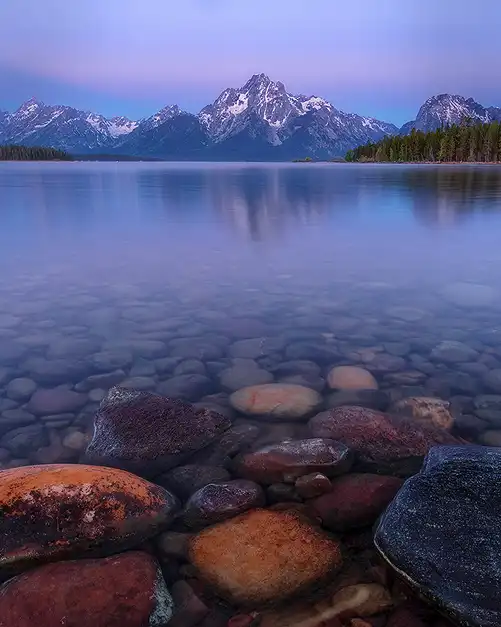 Clear waters of Jackson Lake revealing rounded shoreline rocks with Mount Moran reflected beyond in Grand Teton National Park.