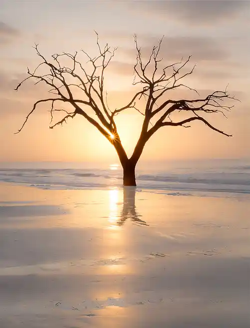 Sunstar shining through a weathered tree at Botany Bay's Boneyard Beach.