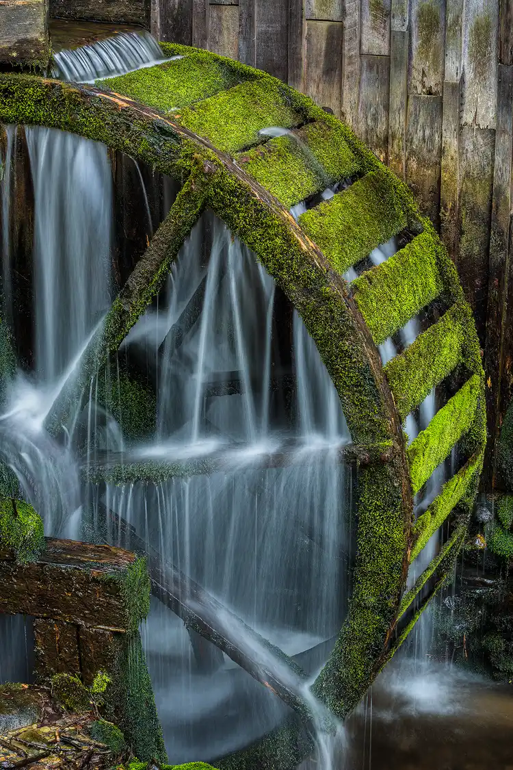 Moss-covered water wheel at Cable Mill in Cades Cove, Great Smoky Mountains National Park, in spring.