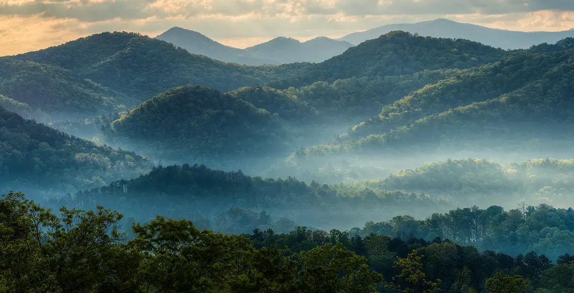 Great Smoky Mountains National Park Spring Photography Workshop with Andy Cook. Sunrise view from Foothills Parkway with backlit mountains, ethereal fog, and spring foliage. This image demonstrates the type of scenic views workshop participants will photograph.
